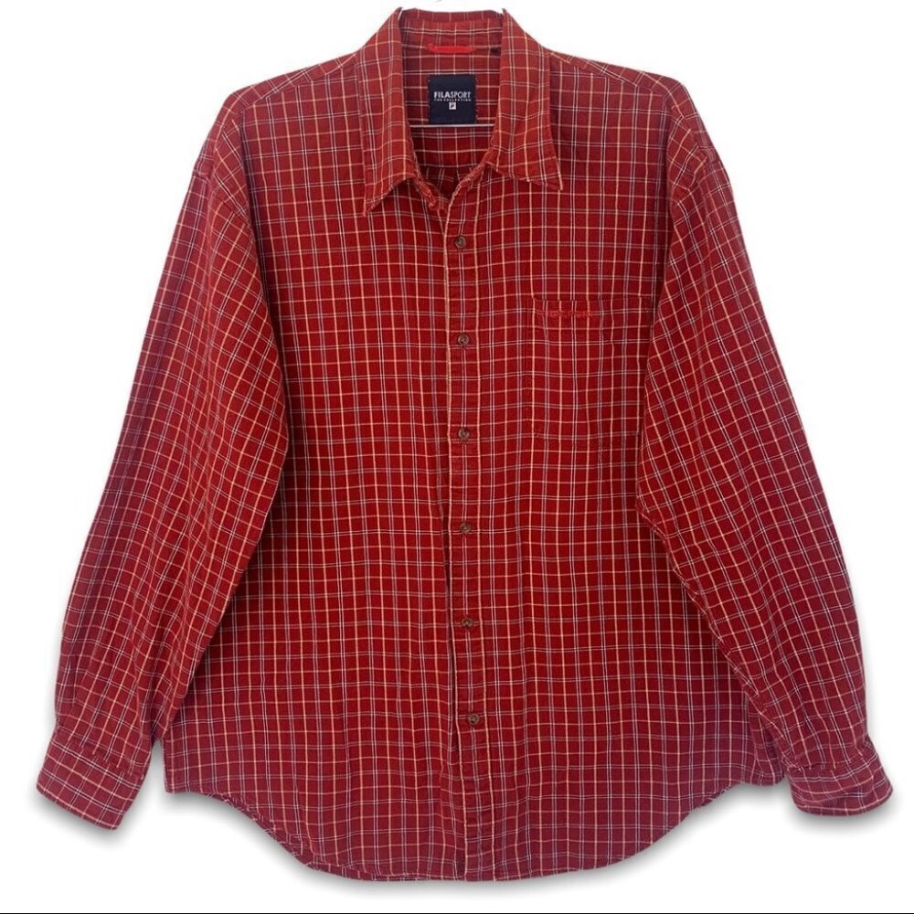 FILA SPORT THE COLLECTION RED FRONT POCKET PLAID BUTTON  DOWN COTTON MEN LARGE